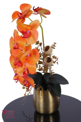 Metal Bronz Saksıda Yapay Premium Orkide Tanzimi 50 cm Canlı Turuncu - 3