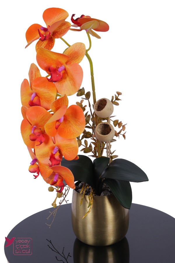 Metal Bronz Saksıda Yapay Premium Orkide Tanzimi 50 cm Canlı Turuncu - 3