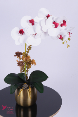 Metal Bronz Saksıda Yapay Premium Orkide Tanzimi 55 cm Beyaz Bordo - Yapay Çiçek Sitesi