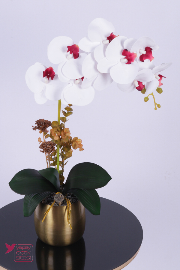 Metal Bronz Saksıda Yapay Premium Orkide Tanzimi 55 cm Beyaz Bordo - 1