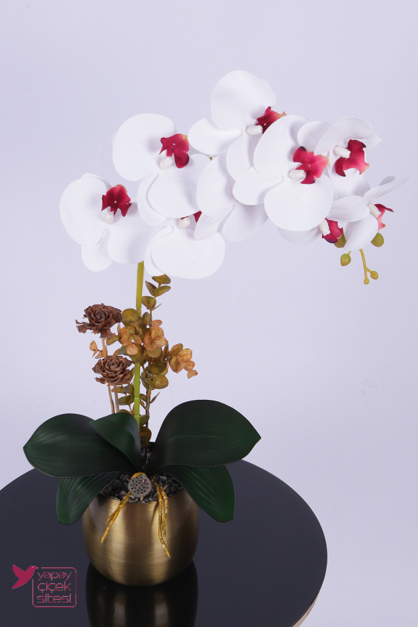 Metal Bronz Saksıda Yapay Premium Orkide Tanzimi 55 cm Beyaz Bordo - 2