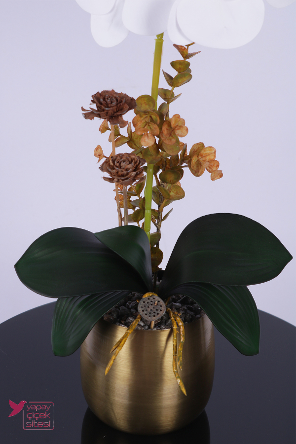 Metal Bronz Saksıda Yapay Premium Orkide Tanzimi 55 cm Beyaz Bordo - 4