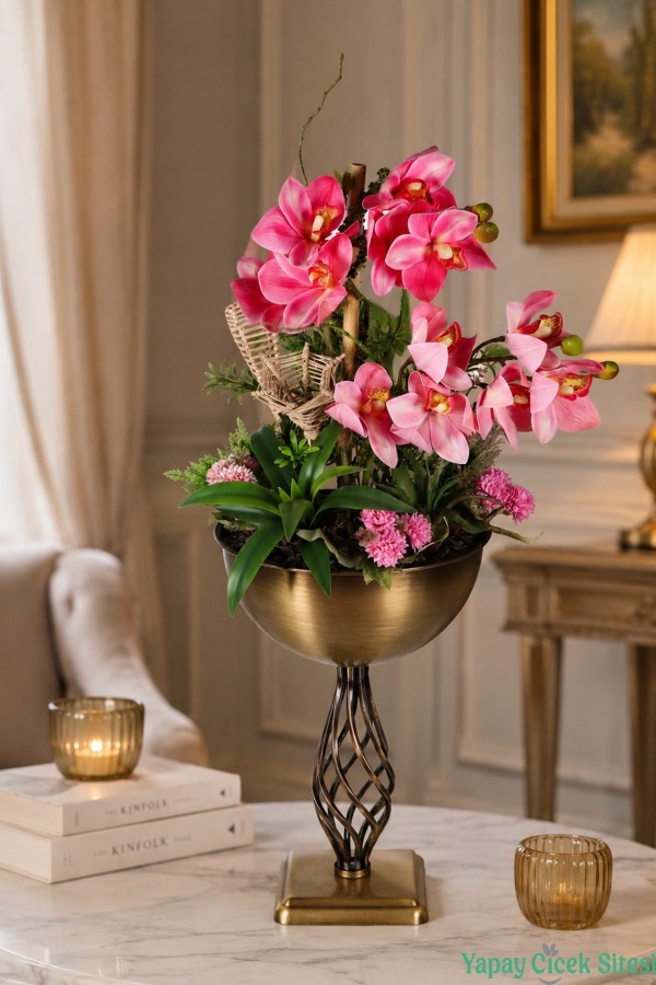 Metal Burgulu Vazoda Yapay Orkide Tanzimi 78 cm Açık Pembe - 1