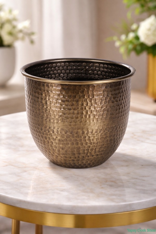 Metal Darbeli Cezve Saksı 14 cm Bronz - 1