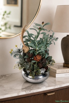 Metal Darbeli Saksıda Yapay Zeytin ve Kuru Çiçek Tanzimi 52 cm Yeşil - Yapay Çiçek Sitesi