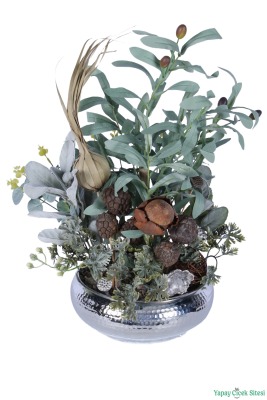Metal Darbeli Saksıda Yapay Zeytin ve Kuru Çiçek Tanzimi 52 cm Yeşil - 2