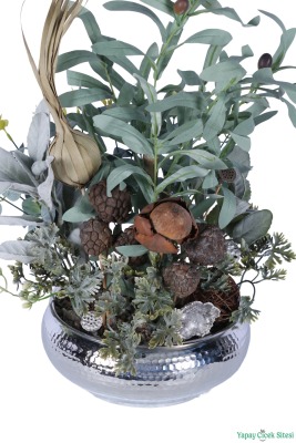 Metal Darbeli Saksıda Yapay Zeytin ve Kuru Çiçek Tanzimi 52 cm Yeşil - 3
