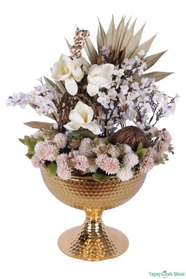 Metal Darbeli Vazoda Yapay Japon Kiraz Çiçeği Tanzimi 54 cm Beyaz-Naturel - 2