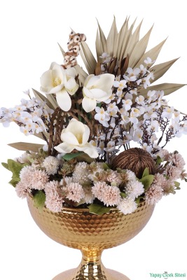 Metal Darbeli Vazoda Yapay Japon Kiraz Çiçeği Tanzimi 54 cm Beyaz-Naturel - 4