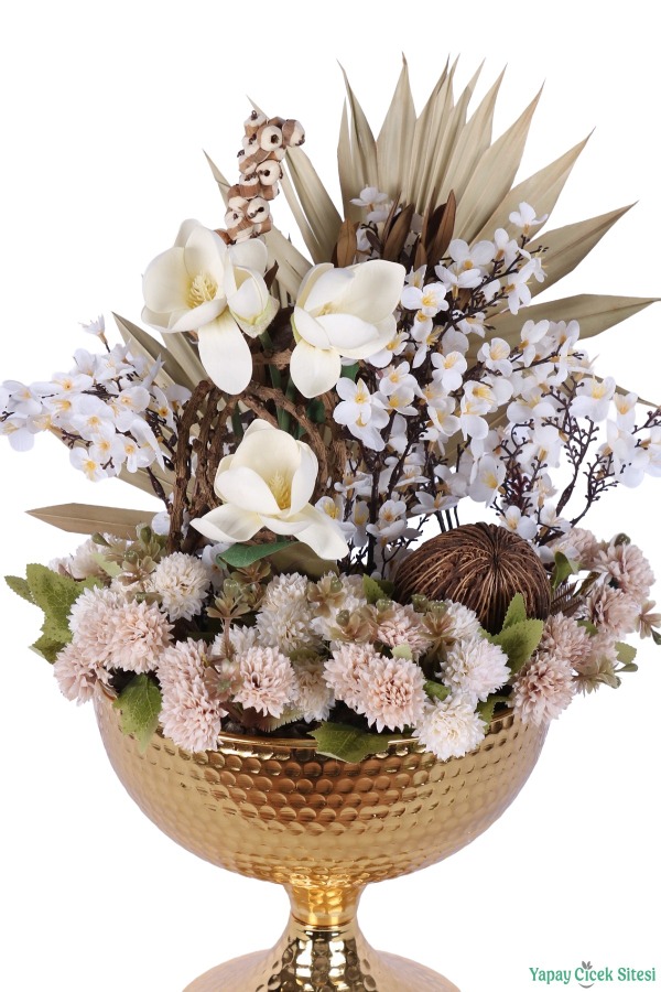 Metal Darbeli Vazoda Yapay Japon Kiraz Çiçeği Tanzimi 54 cm Beyaz-Naturel - 4