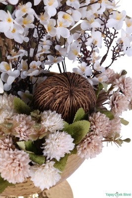 Metal Darbeli Vazoda Yapay Japon Kiraz Çiçeği Tanzimi 54 cm Beyaz-Naturel - 5