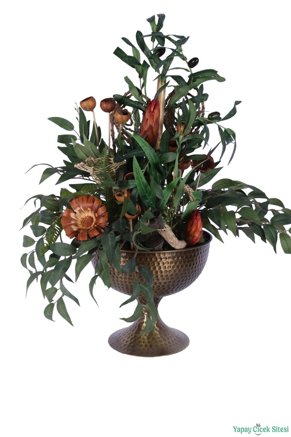 Metal Darbeli Vazoda Yapay Zeytin Tanzimi 68 cm Yeşil - 2