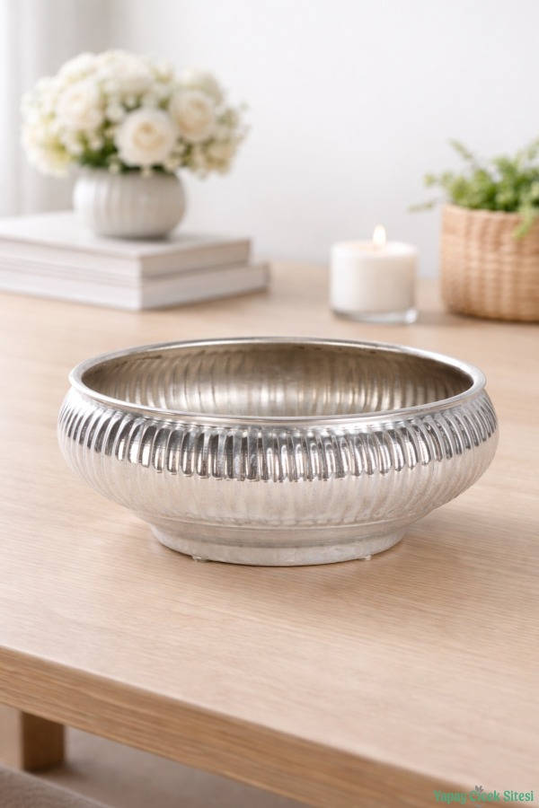 Metal Dekoratif Çizgili Ufo Saksı 8 cm Gümüş - 2