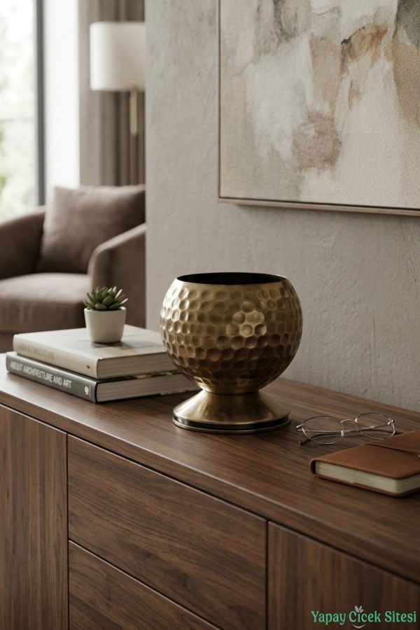Metal Dekoratif Darbeli Küre Saksı 12 cm Bronz - 3