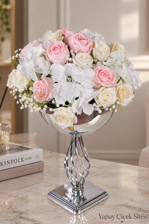 Metal Gümüş Burgulu Vazoda Yapay Gül Tanzimi 55 cm - 1