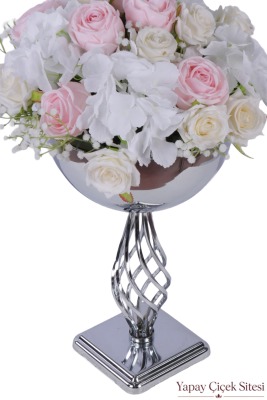 Metal Gümüş Burgulu Vazoda Yapay Gül Tanzimi 55 cm - 2