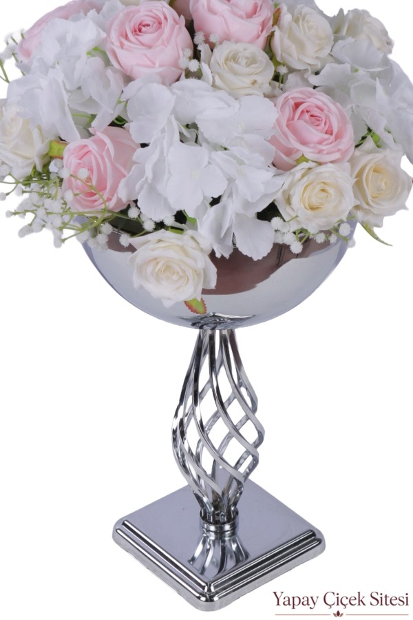Metal Gümüş Burgulu Vazoda Yapay Gül Tanzimi 55 cm - 2
