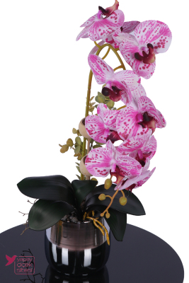 Metal Gümüş Saksıda Yapay Premium Orkide Tanzimi 50 cm Fuşya Pembe - Yapay Çiçek Sitesi