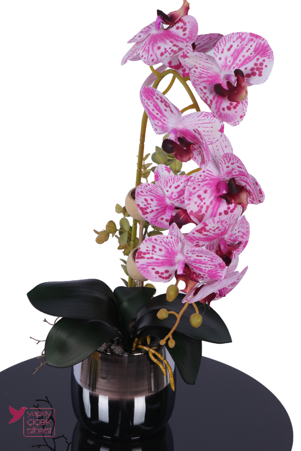 Metal Gümüş Saksıda Yapay Premium Orkide Tanzimi 50 cm Fuşya Pembe - 1