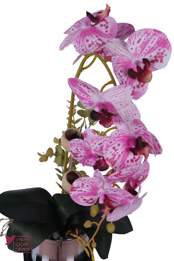 Metal Gümüş Saksıda Yapay Premium Orkide Tanzimi 50 cm Fuşya Pembe - 2