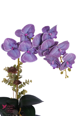 Metal Gümüş Saksıda Yapay Premium Orkide Tanzimi 55 cm Lila Mor - 2