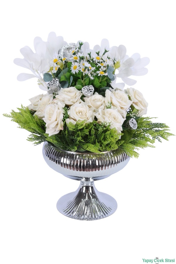 Metal Saksıda Kaliteli Gül ve Papatya Tanzimi 46 cm Beyaz-Yeşil - 2