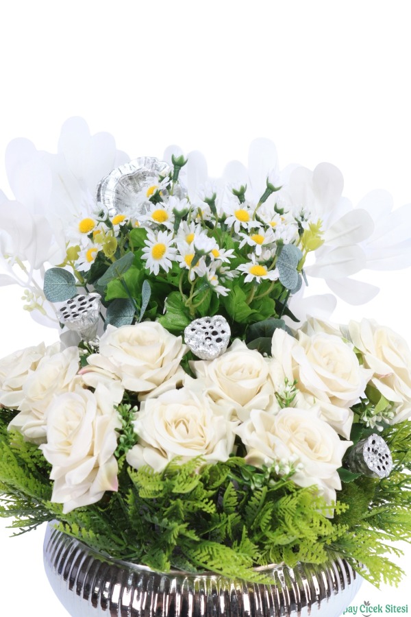 Metal Saksıda Kaliteli Gül ve Papatya Tanzimi 46 cm Beyaz-Yeşil - 3