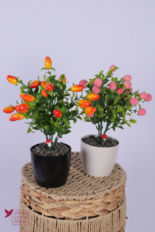 Plastik Saksıda Yapay Mini Biber & Şeftali Tanzimi 2’li Set 33 cm - 1