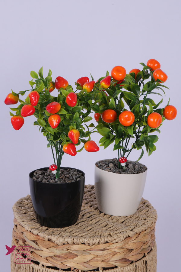 Plastik Saksıda Yapay Mini Çilek & Mandalina Tanzimi 2’li Set 33 cm - 1