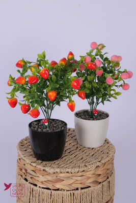Plastik Saksıda Yapay Mini Çilek & Şeftali Tanzimi 2’li Set 33 cm - Yapay Çiçek Sitesi