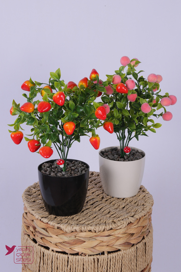 Plastik Saksıda Yapay Mini Çilek & Şeftali Tanzimi 2’li Set 33 cm - 1
