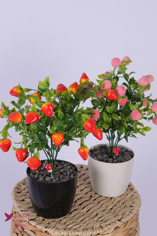 Plastik Saksıda Yapay Mini Çilek & Şeftali Tanzimi 2’li Set 33 cm - 2