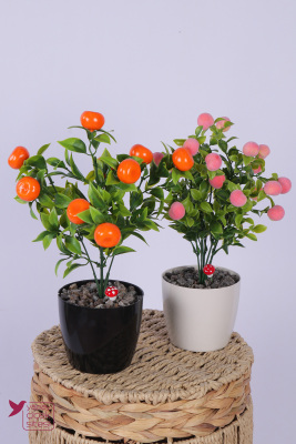 Plastik Saksıda Yapay Mini Mandalina & Şeftali Tanzimi 2’li Set 33 cm - Yapay Çiçek Sitesi