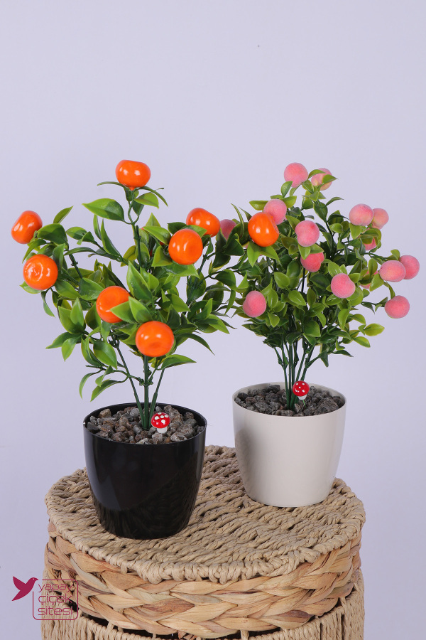 Plastik Saksıda Yapay Mini Mandalina & Şeftali Tanzimi 2’li Set 33 cm - 1