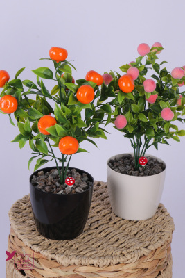 Plastik Saksıda Yapay Mini Mandalina & Şeftali Tanzimi 2’li Set 33 cm - 2