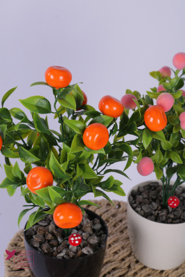 Plastik Saksıda Yapay Mini Mandalina & Şeftali Tanzimi 2’li Set 33 cm - 3