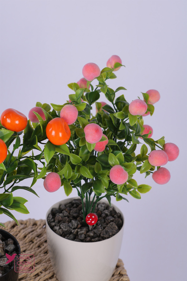 Plastik Saksıda Yapay Mini Mandalina & Şeftali Tanzimi 2’li Set 33 cm - 4