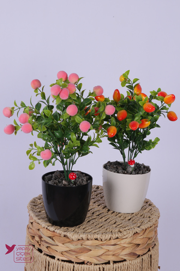 Plastik Saksıda Yapay Mini Şeftali & Biber Tanzimi 2’li Set 33 cm - 1