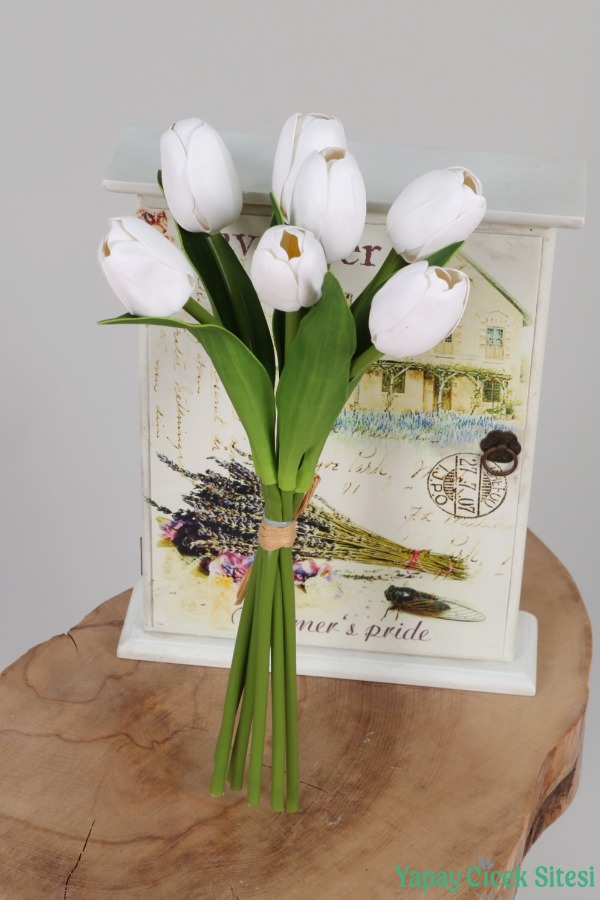 Premium 7li Yapay Islak Lale Demeti 33 cm Beyaz - 1