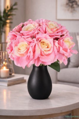 Premium Yapay Gül Demeti 25 cm 10lu Pembe-Sarı - Yapay Çiçek Sitesi