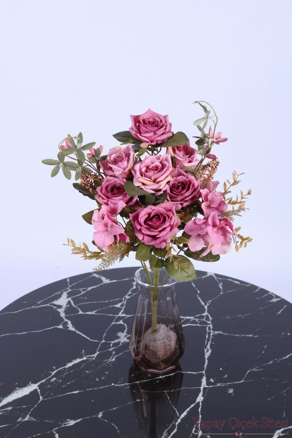 Yapay 12 Dal Cipsolu Gül Demeti 50 cm Pembe - 2