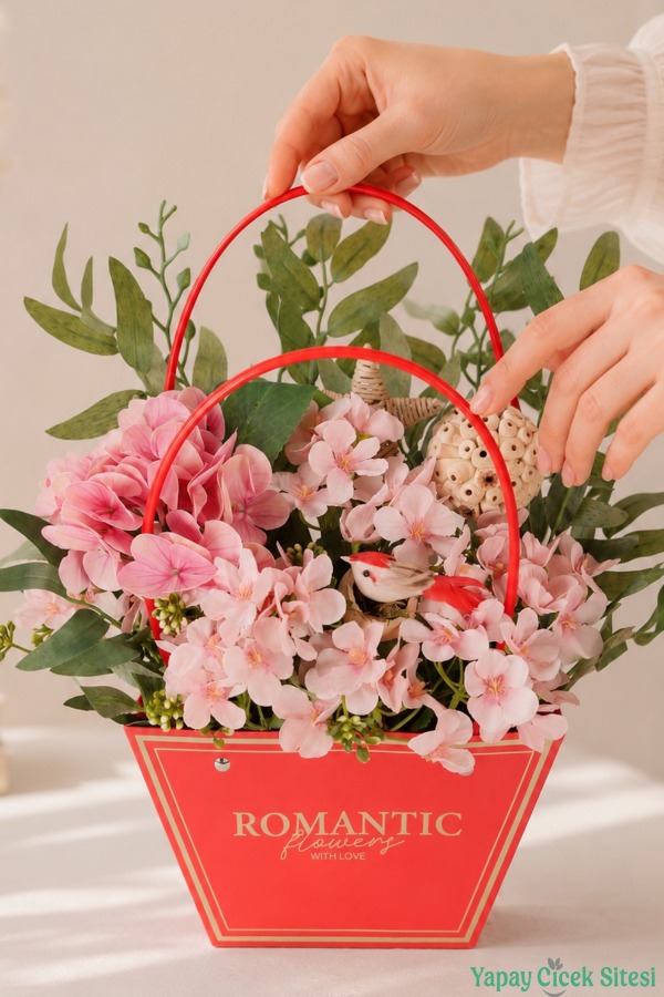 Yapay Çiçekli Romantic Çantalı Aranjman Model 37 - 1