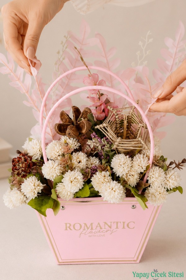 Yapay Çiçekli Romantic Çantalı Aranjman Model 38 - 1