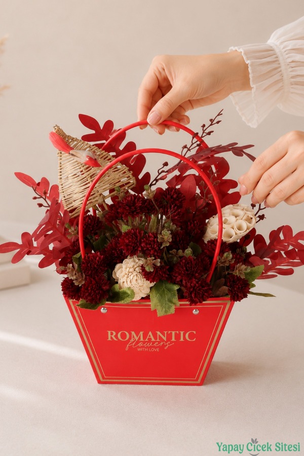 Yapay Çiçekli Romantic Çantalı Aranjman Model 42 - 1