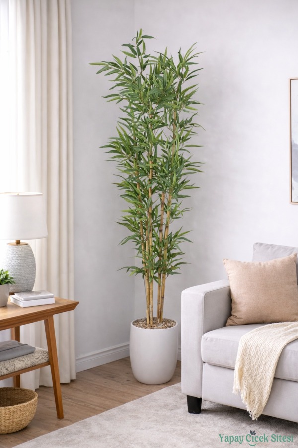 Yapay Kırçıllı Yaprak Bambu Ağacı 170 cm (Beyaz Saksılı) - 4