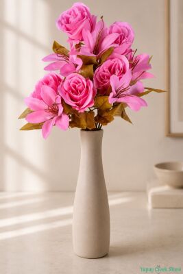 Yapay Lilyum Detaylı Gül Demeti 10 Dal 43cm Pembe - Yapay Çiçek Sitesi