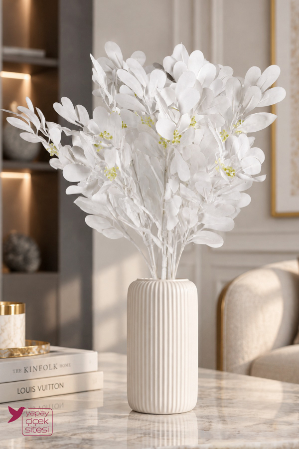 Yapay Oval Yapraklı Tomurcuklu Aradal Demeti 3 Adet 48 cm Beyaz - 1