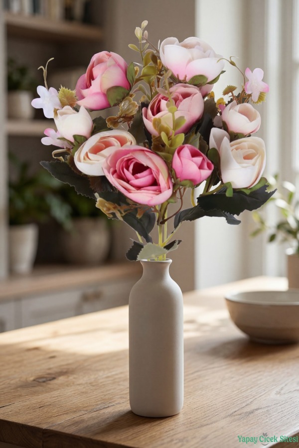 Yapay Şakayık Gül Demeti 31cm Pembe-Krem - 1
